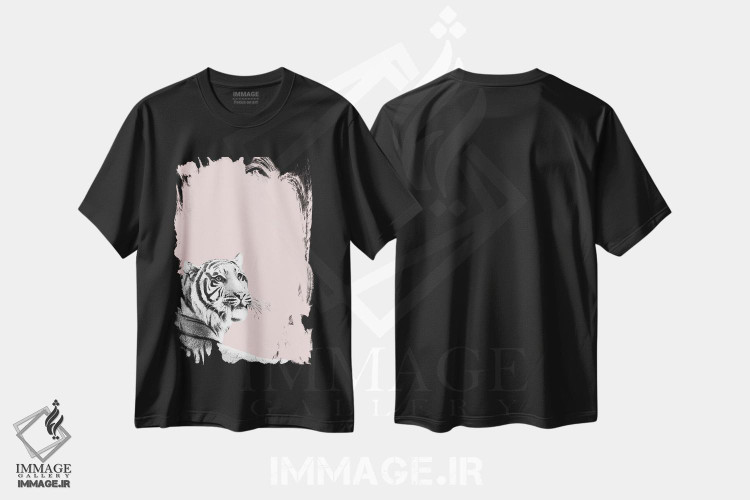 تیشرت طرح دار ببر سیاه و سفید بر زمینهٔ رنگ گونه I، هنر دیجیتال اثر هنر آنیتا و بلا | فروشگاه ایماژ