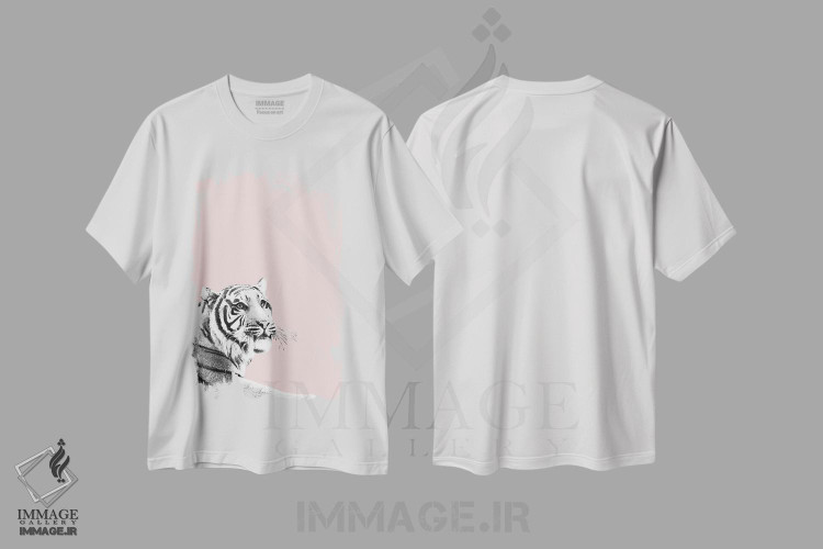 تیشرت طرح دار ببر سیاه و سفید بر زمینهٔ رنگ گونه I، هنر دیجیتال اثر هنر آنیتا و بلا | immage.ir