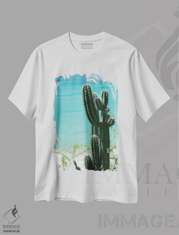 تیشرت طرح دار حال و هوای ساحل اقیانوس کاکتوس گرمسیری II، تزئینی اثر هنر آنیتا و بلا | فروشگاه ایماژ