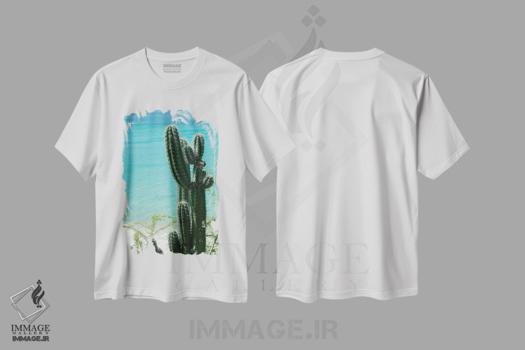 تیشرت طرح دار حال و هوای ساحل اقیانوس کاکتوس گرمسیری II، تزئینی اثر هنر آنیتا و بلا | فروشگاه ایماژ