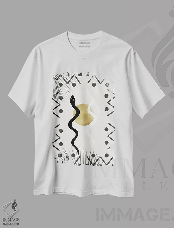 تیشرت طرح دار ظرافت مارهای یین یانگ، ماه و نخل I، تزئینی اثر هنر آنیتا و بلا | immage.ir