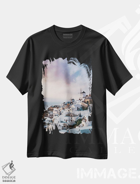 تیشرت طرح دار سرخوشی غروب سانتورینی II، تزئینی اثر هنر آنیتا و بلا | فروشگاه ایماژ