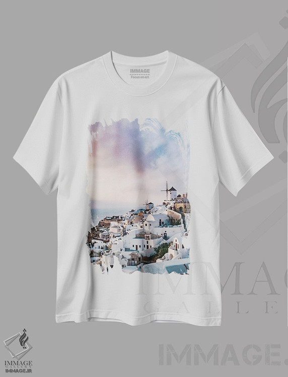 تیشرت طرح دار سرخوشی غروب سانتورینی II، تزئینی اثر هنر آنیتا و بلا | immage.ir