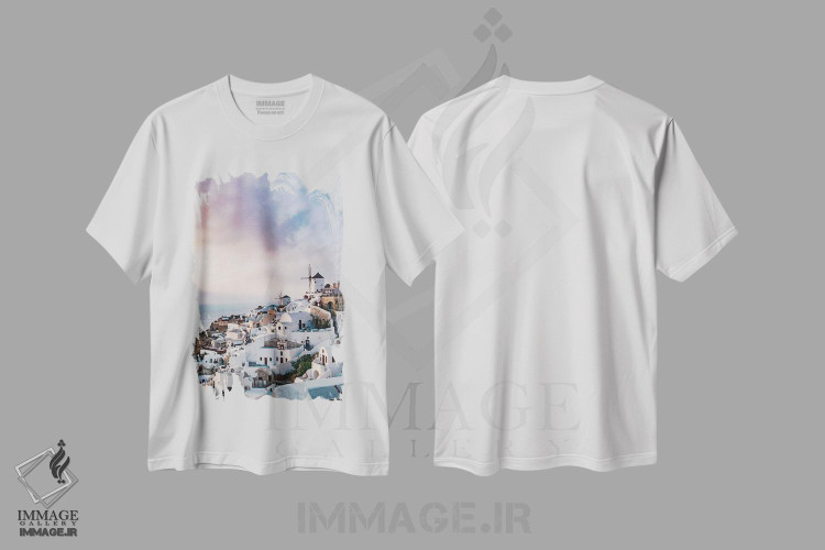 تیشرت طرح دار سرخوشی غروب سانتورینی II، تزئینی اثر هنر آنیتا و بلا | immage.ir