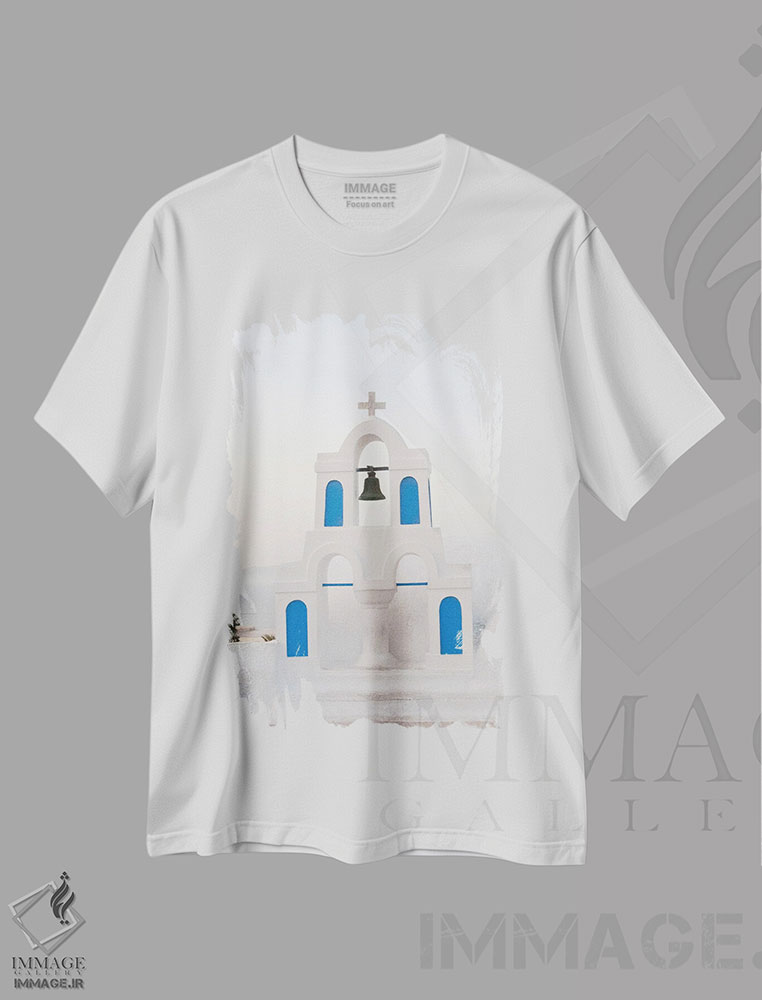 تیشرت طرح دار برج ناقوس سفید و آبی اویا سانتورینی یک، تزئینی اثر هنر آنیتا و بلا | immage.ir