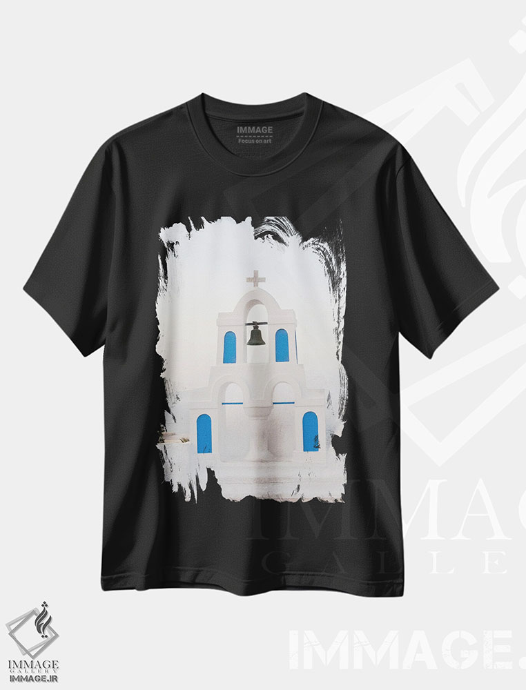 تیشرت طرح دار برج ناقوس سفید و آبی اویا سانتورینی یک، تزئینی اثر هنر آنیتا و بلا | فروشگاه ایماژ