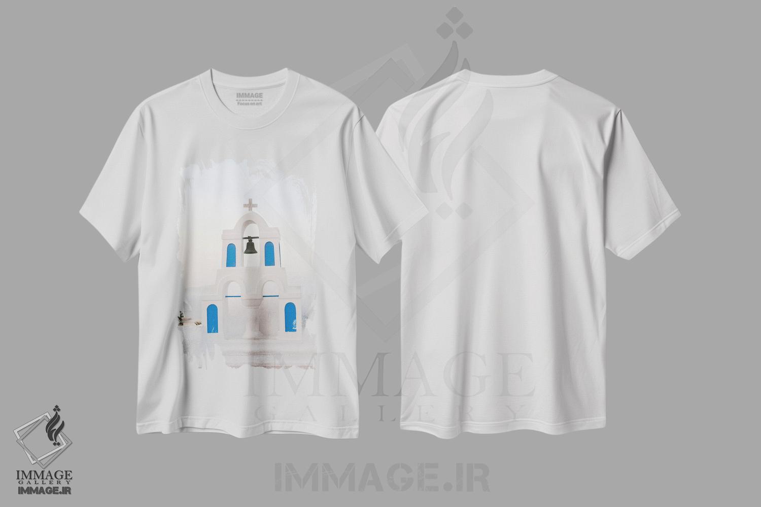 تیشرت طرح دار برج ناقوس سفید و آبی اویا سانتورینی یک، تزئینی اثر هنر آنیتا و بلا | immage.ir