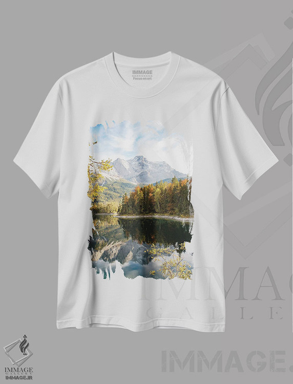 تیشرت طرح دار سعادت دریاچه کوهستانی یک، دکور کلبه و لژ اثر هنر آنیتا و بلا | فروشگاه ایماژ