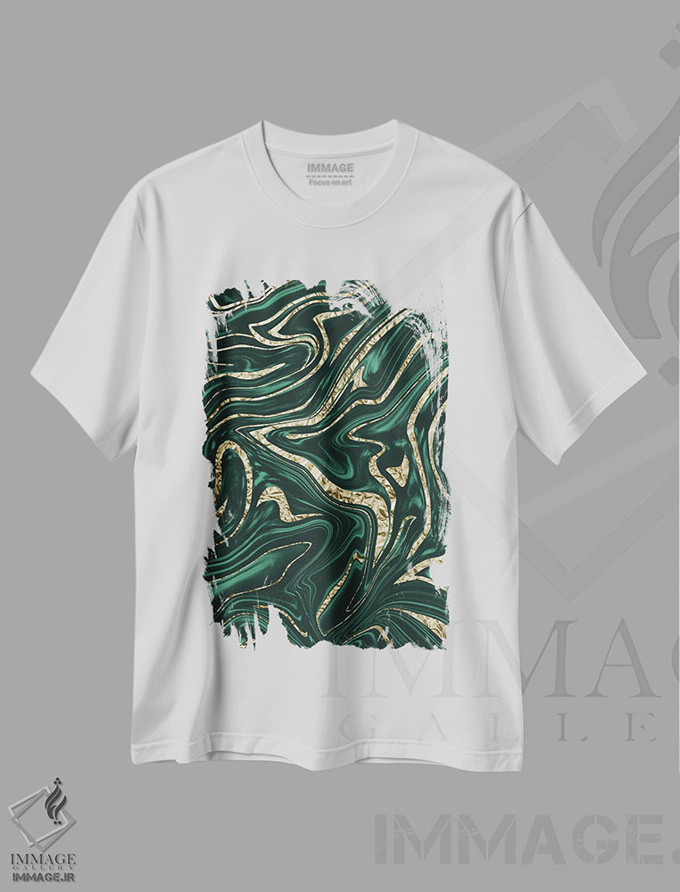 تیشرت طرح دار مرمر سبز زمردی و سیاه و طلایی دوم، آبستره اثر هنر آنیتا و بلا | immage.ir