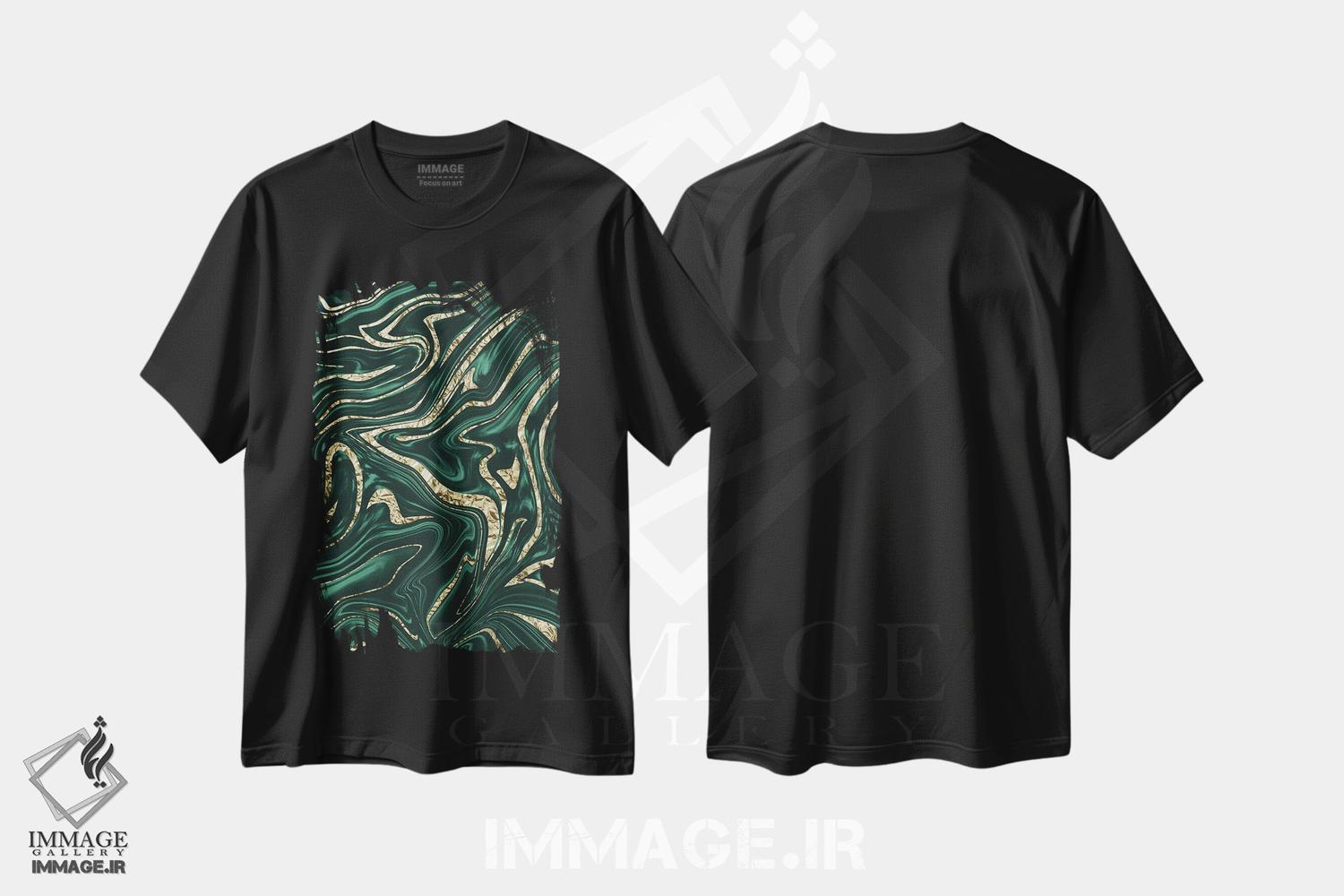 تیشرت طرح دار مرمر سبز زمردی و سیاه و طلایی دوم، آبستره اثر هنر آنیتا و بلا | فروشگاه ایماژ