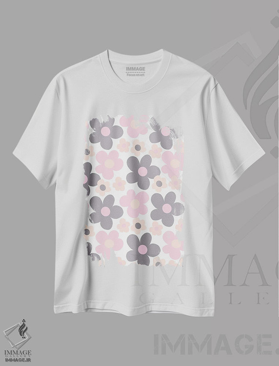 تیشرت طرح دار رویای رترو گلهای آرایشی صورتی و خاکستری، هنر دیجیتال اثر هنر آنیتا و بلا | immage.ir