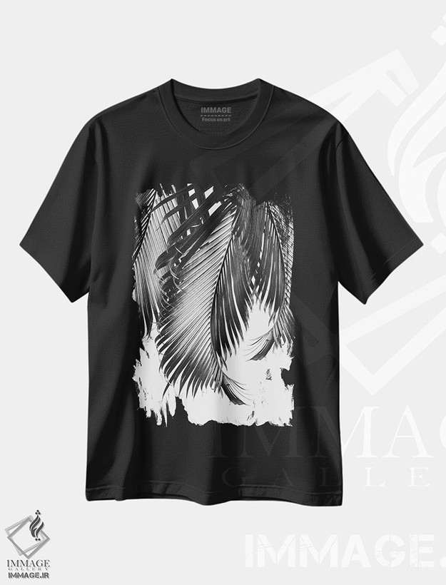 تیشرت طرح دار ظرافت برگ نخل دوم، هنر تزئینی سیاه و سفید اثر هنر آنیتا و بلا | فروشگاه ایماژ