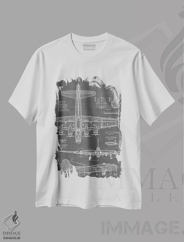تیشرت طرح دار هواپیمای بمب افکن کلاسیک B-17، هنر دیجیتال اثر اکشن بلوپرینتس | فروشگاه ایماژ