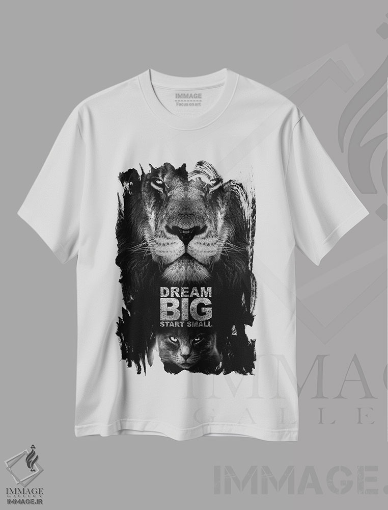 تیشرت طرح دار جمله انگیزشی: بزرگ فکر کن، کوچک شروع کن، تایپوگرافی اثر آدریان بالدُوینو | immage.ir