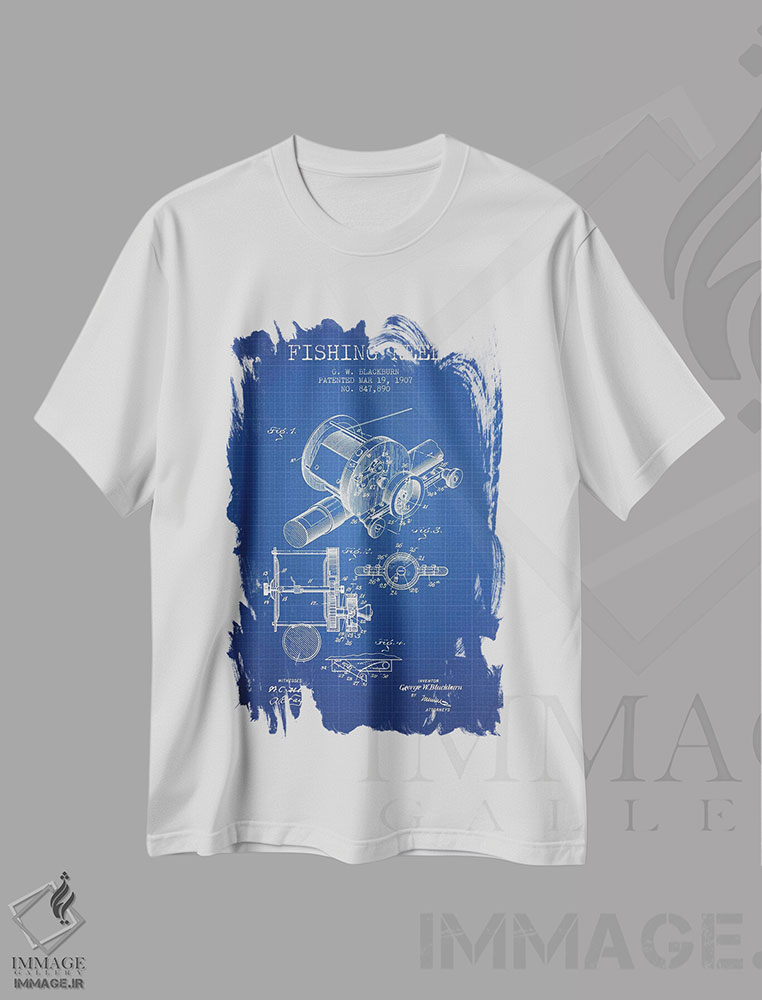 تیشرت طرح دار طرح پتنت چرخ ماهیگیری جی.دابلیو. بلکبرن، وینتیج و رترو اثر پیکسل کهنه | فروشگاه ایماژ