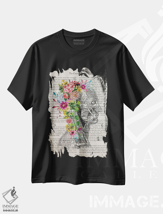 تیشرت طرح دار چاپ آناتومی اعصاب جمجمه با گل، هنر دیجیتال اثر پیکسل کهنه | فروشگاه ایماژ