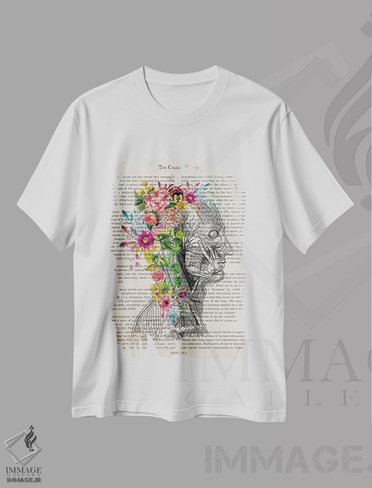 تیشرت طرح دار چاپ آناتومی اعصاب جمجمه با گل، هنر دیجیتال اثر پیکسل کهنه | immage.ir
