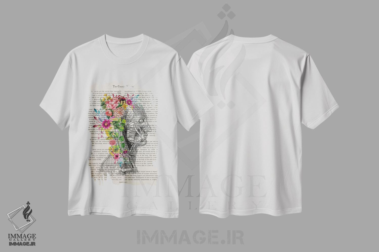 تیشرت طرح دار چاپ آناتومی اعصاب جمجمه با گل، هنر دیجیتال اثر پیکسل کهنه | immage.ir