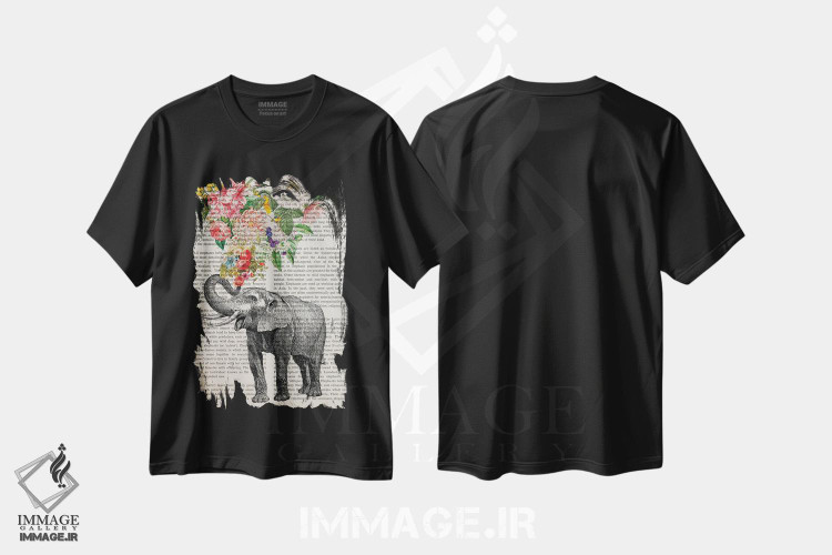 تیشرت طرح دار چاپ هایی از فیل با گل ها، هنر دیجیتال اثر پیکسل کهنه | immage.ir