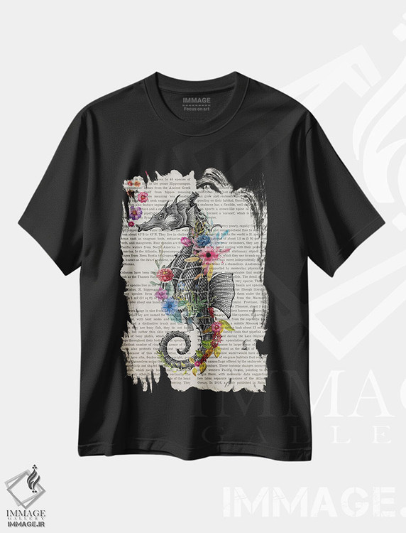 تیشرت طرح دار چاپ اسب دریایی با گل ها، هنر دیجیتال اثر پیکسل کهنه | فروشگاه ایماژ