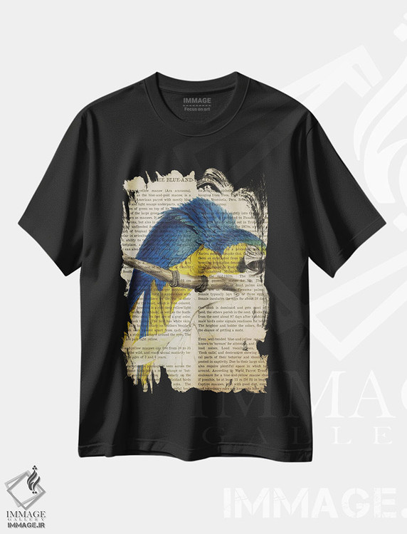 تیشرت طرح دار چاپ وینتیج ماکائو آبی و زرد، تزئینی اثر پیکسل کهنه | فروشگاه ایماژ