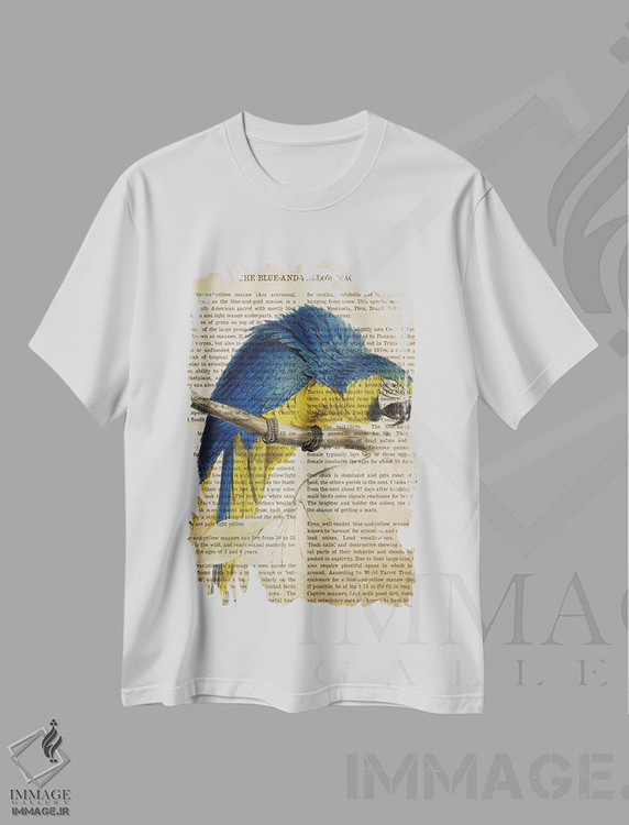 تیشرت طرح دار چاپ وینتیج ماکائو آبی و زرد، تزئینی اثر پیکسل کهنه | immage.ir