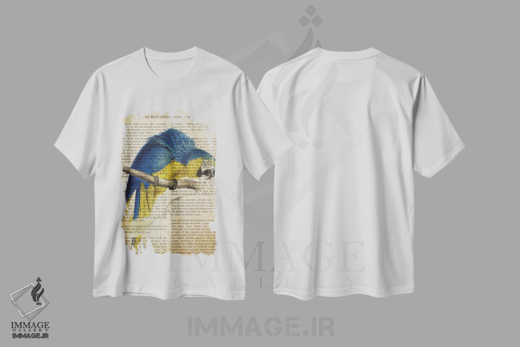 تیشرت طرح دار چاپ وینتیج ماکائو آبی و زرد، تزئینی اثر پیکسل کهنه | immage.ir