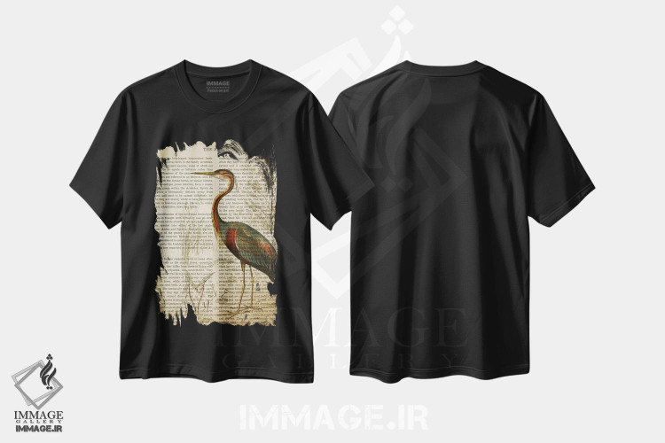 تیشرت طرح دار چاپ وینتیج حواصیل، تزئینی اثر پیکسل کهنه | فروشگاه ایماژ