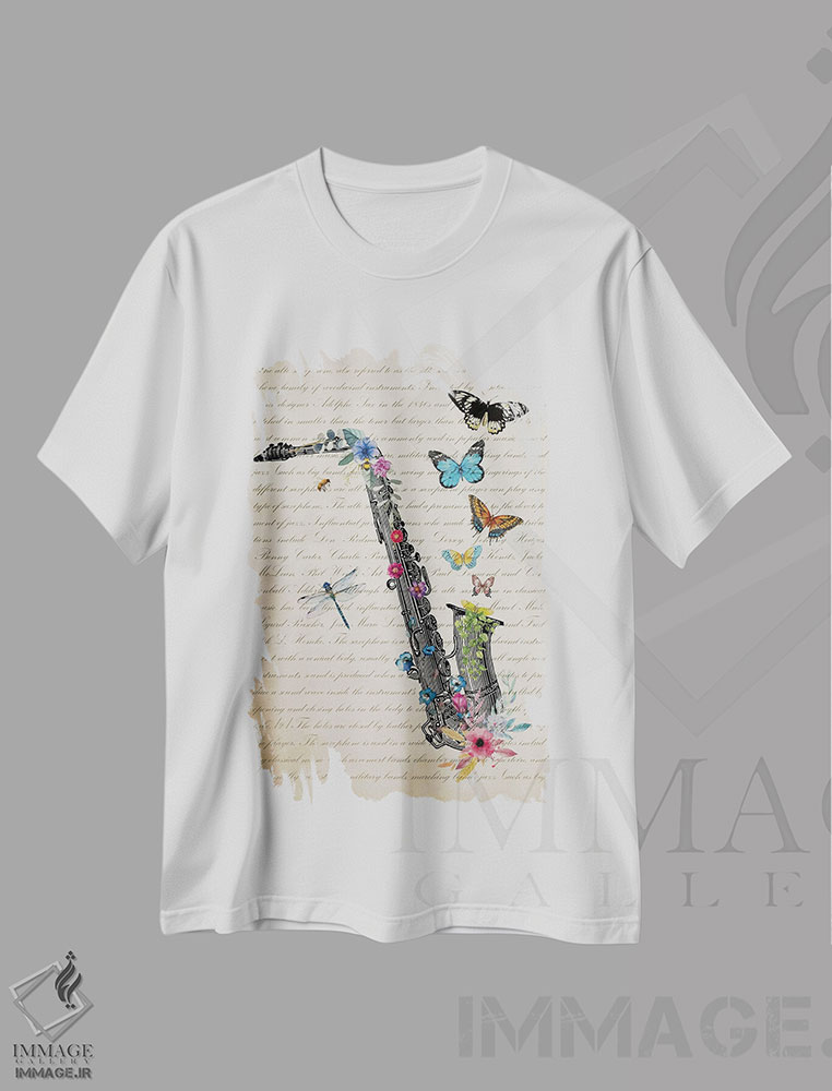 تیشرت طرح دار ساکسیفون آلتو با گل ها، تزئینی اثر پیکسل کهنه | فروشگاه ایماژ