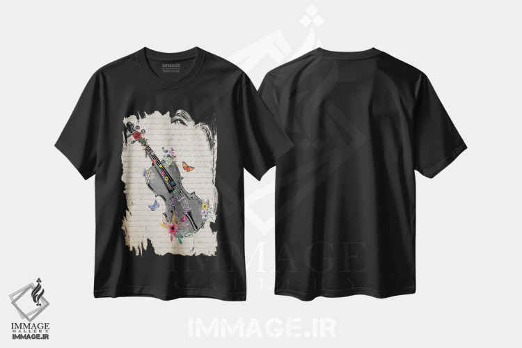 تیشرت طرح دار ویولن با گل ها، تزئینی اثر پیکسل کهنه | فروشگاه ایماژ