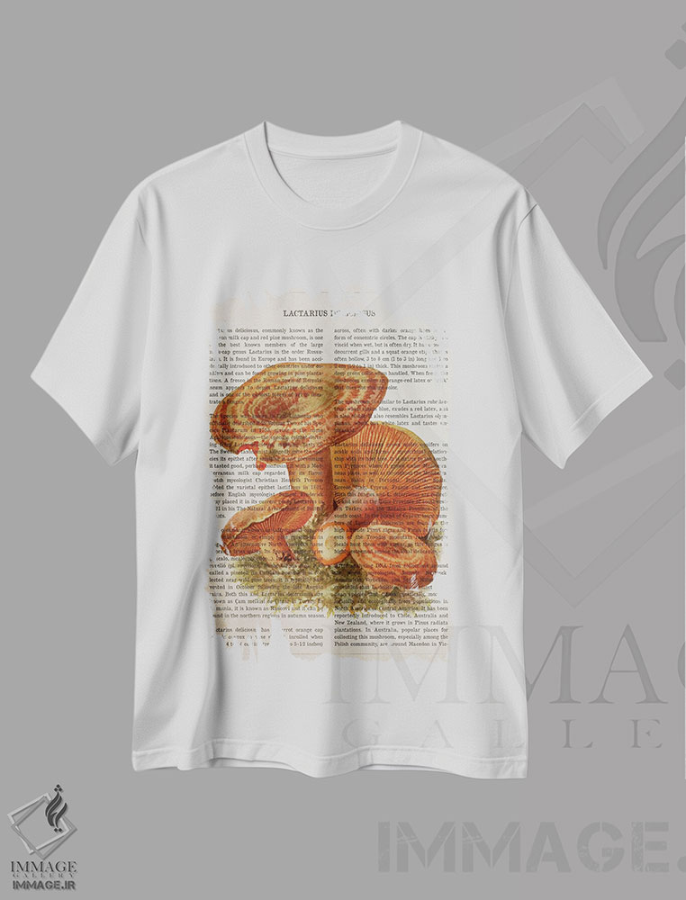 تیشرت طرح دار قارچ لاکتاریوس دلیسیوسوس، تزئینی اثر پیکسل کهنه | immage.ir