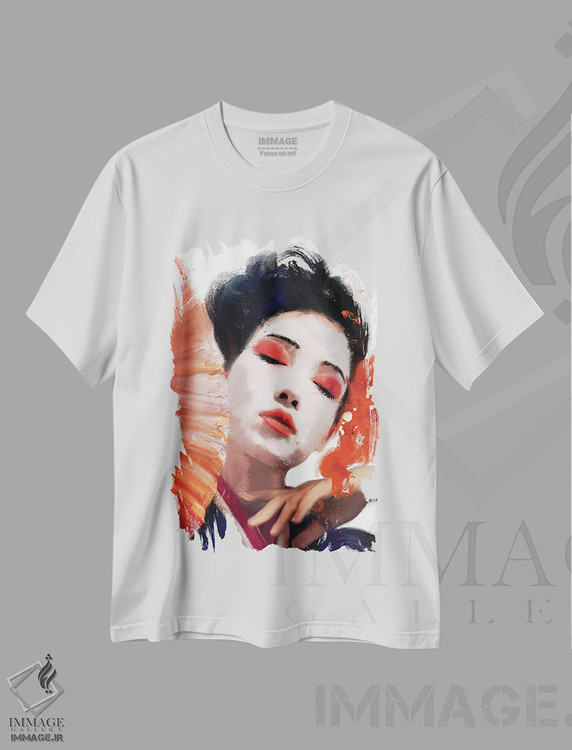 تیشرت طرح دار دختر گیشا با بادبزن قرمز، دکور آسیایی اثر اندرو ام بارلو | فروشگاه ایماژ