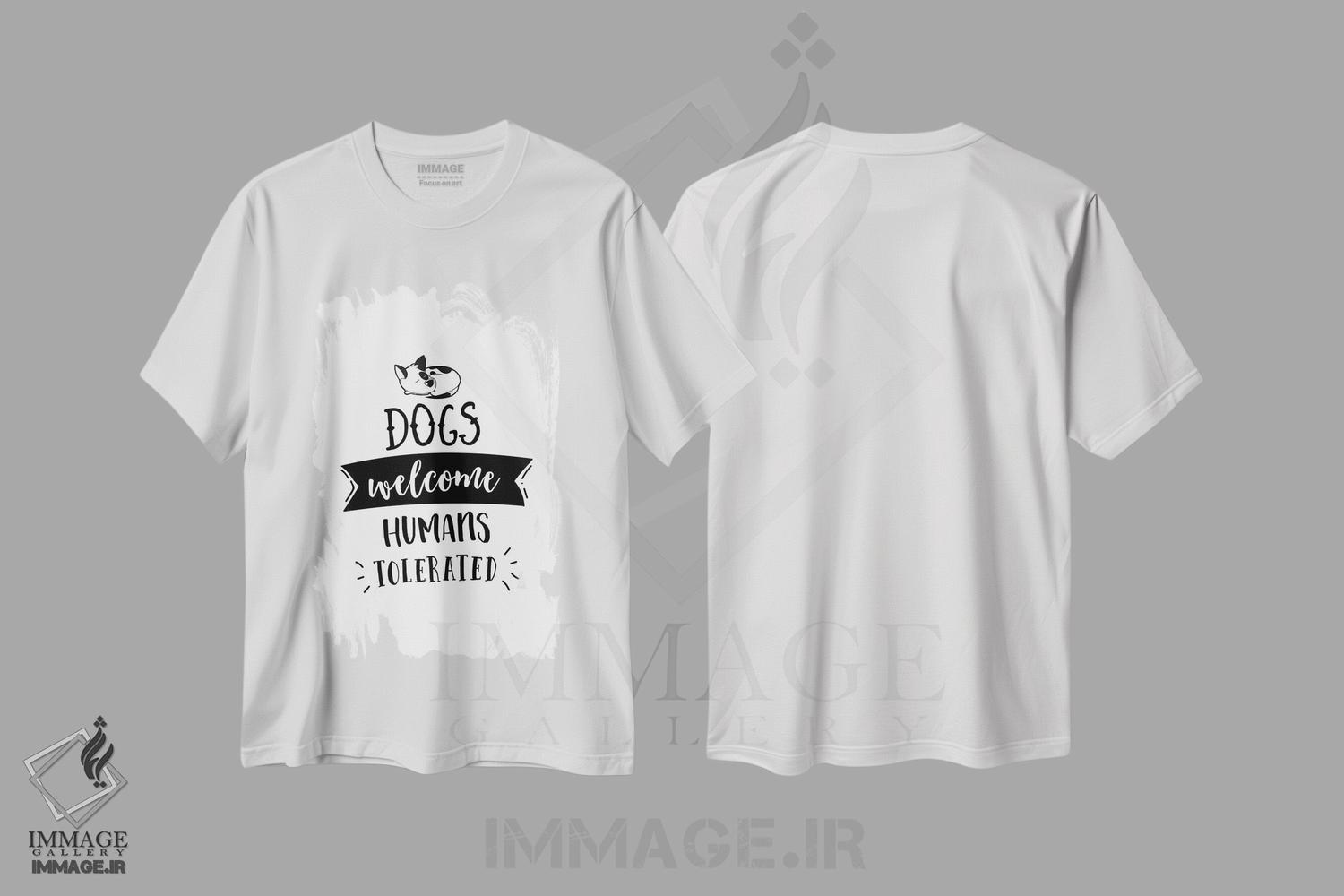 تیشرت طرح دار سگ ها خوش آمدند، آدم ها تحمل می شوند، تزئینی اثر پوسترهای طراحی آلچرا | فروشگاه ایماژ