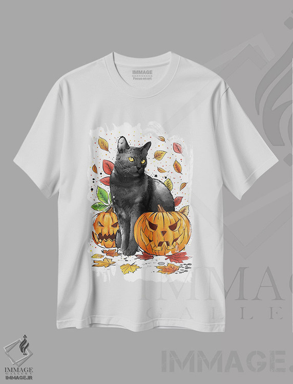 تیشرت طرح دار گربه، برگ ها و کدوها، تزئینی اثر آنتونیو کامارنا | فروشگاه ایماژ