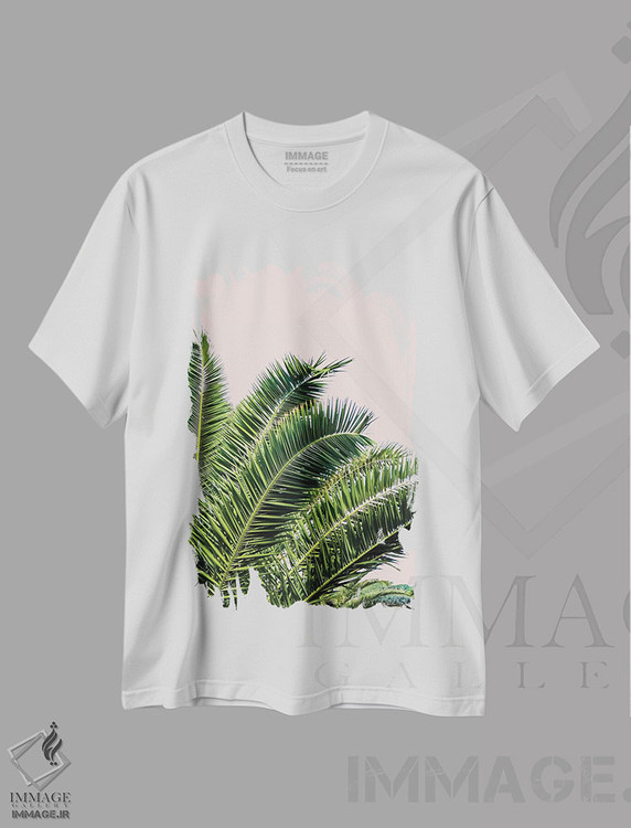 تیشرت طرح دار برگ های استوایی روی پس زمینه صورتی I، تزئینی اثر آکوستا | immage.ir