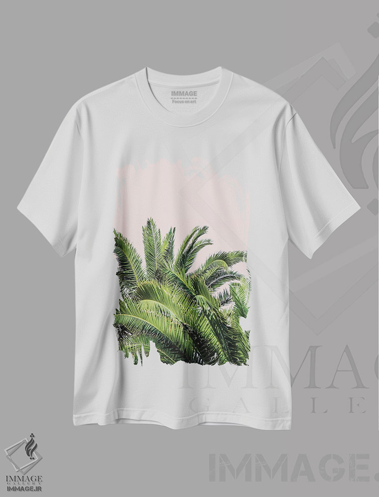تیشرت طرح دار برگ های استوایی روی پس زمینه صورتی II، تزئینی اثر آکوستا | فروشگاه ایماژ