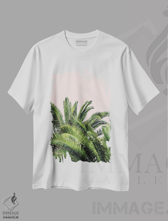تیشرت طرح دار برگ های استوایی روی پس زمینه صورتی II، تزئینی اثر آکوستا | فروشگاه ایماژ
