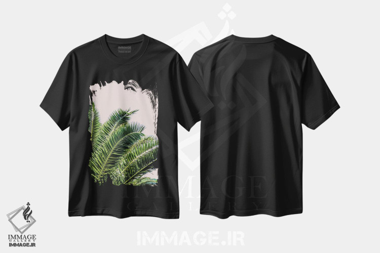 تیشرت طرح دار برگ های استوایی روی پس زمینه صورتی I، تزئینی اثر آکوستا | فروشگاه ایماژ