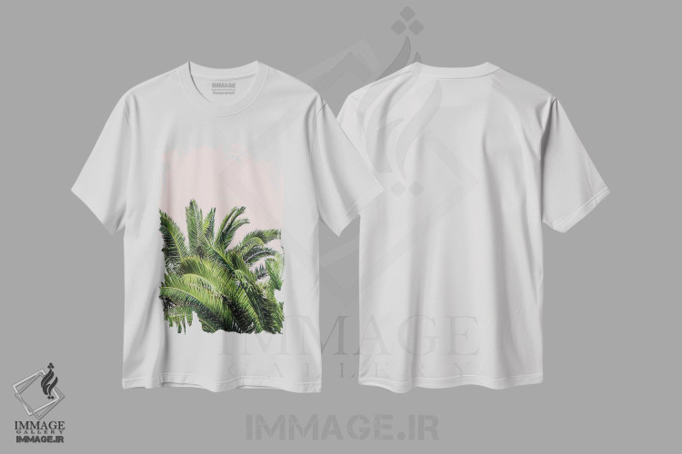 تیشرت طرح دار برگ های استوایی روی پس زمینه صورتی II، تزئینی اثر آکوستا | فروشگاه ایماژ