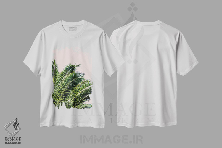 تیشرت طرح دار برگ های استوایی روی پس زمینه صورتی I، تزئینی اثر آکوستا | immage.ir