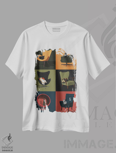 تیشرت طرح دار گربه ها روی صندلی ها، تزئینی اثر آرت کت ایلاستریتد | فروشگاه ایماژ