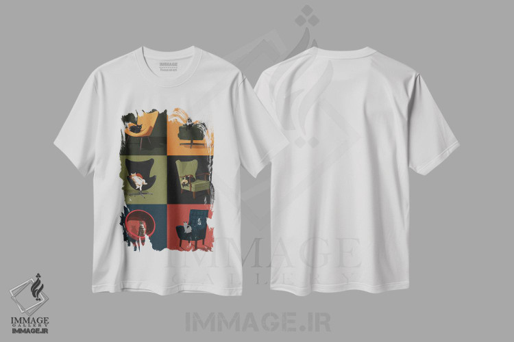 تیشرت طرح دار گربه ها روی صندلی ها، تزئینی اثر آرت کت ایلاستریتد | فروشگاه ایماژ