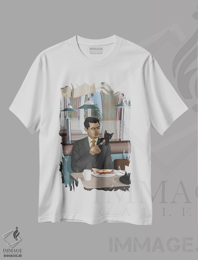 تیشرت طرح دار مردی با یک گربه، هنر دیجیتال اثر آرت کت ایلاستریتد | immage.ir