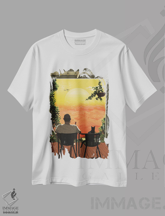 تیشرت طرح دار خورشید غروب کننده، هنر دیجیتال اثر آرت کت ایلاستریتد | فروشگاه ایماژ
