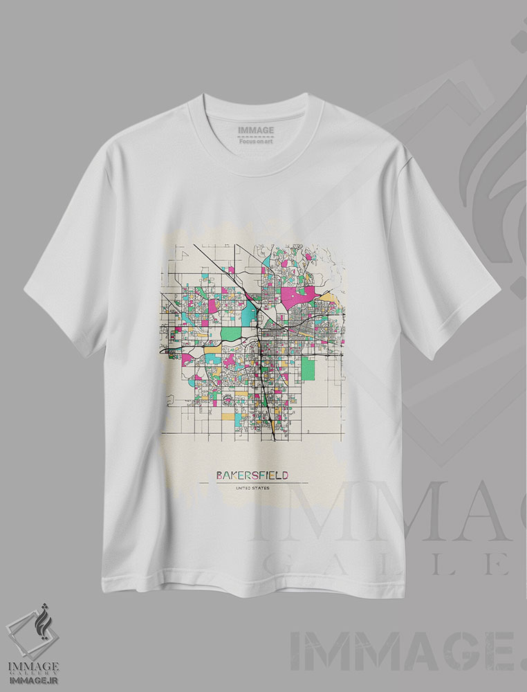 تیشرت طرح دار نقشه بیکرزفیلد، کالیفرنیا، هنر دیجیتال اثر آیشه دنیز آکِرمان | فروشگاه ایماژ