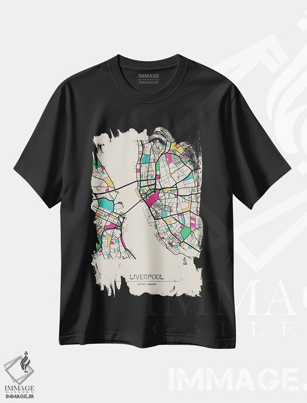 تیشرت طرح دار نقشهٔ لیورپول، انگلستان، هنر دیجیتال اثر آیشه دنیز آکِرمان | فروشگاه ایماژ