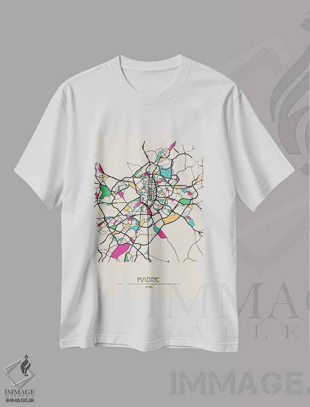 تیشرت طرح دار نقشهٔ مادرید، اسپانیا، هنر دیجیتال اثر آیشه دنیز آکِرمان | فروشگاه ایماژ