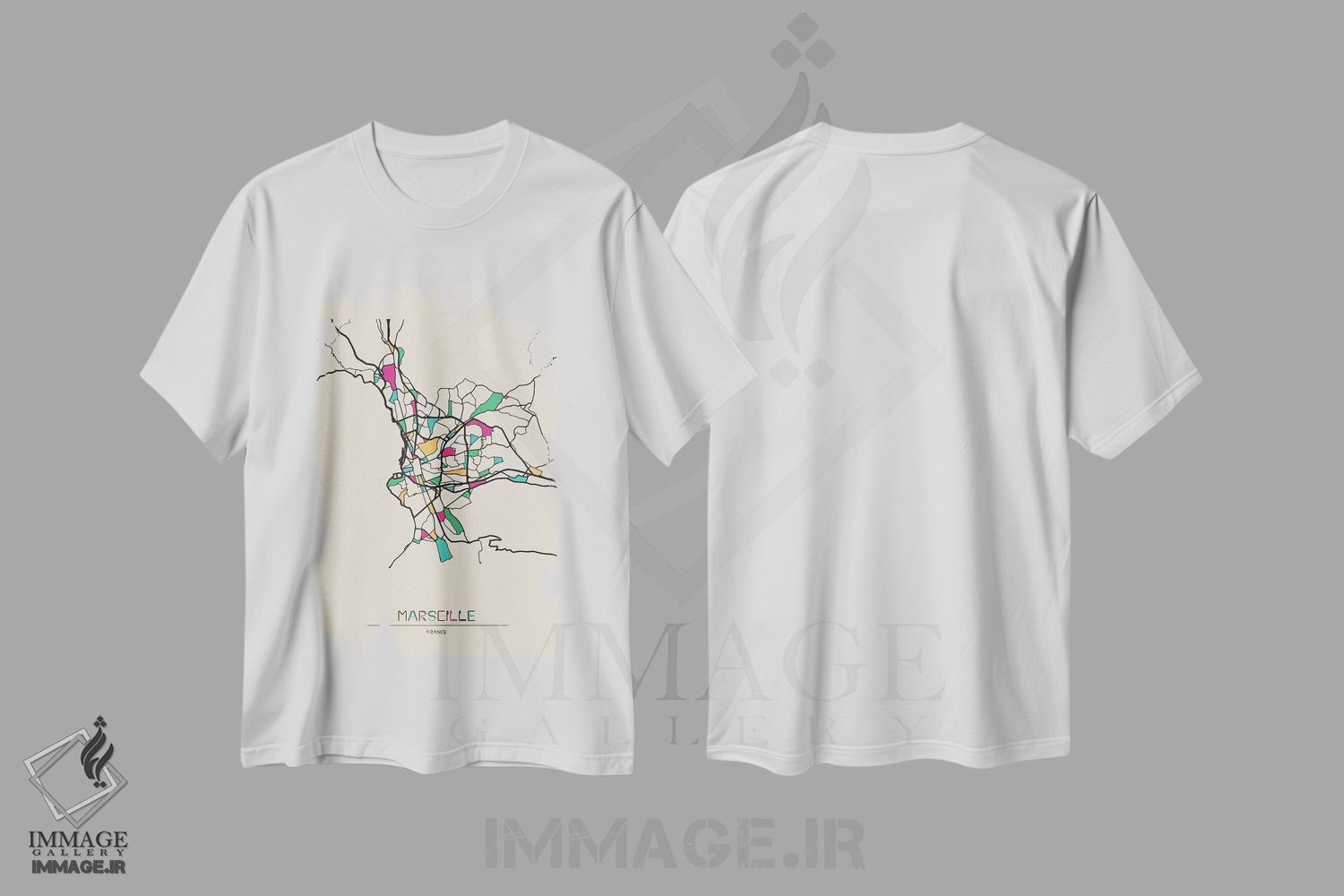 تیشرت طرح دار نقشهٔ مارسی، فرانسه، هنر دیجیتال اثر آیشه دنیز آکِرمان | فروشگاه ایماژ