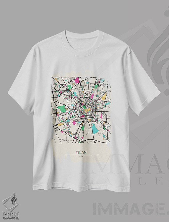 تیشرت طرح دار نقشهٔ میلان، ایتالیا، هنر دیجیتال اثر آیشه دنیز آکِرمان | فروشگاه ایماژ