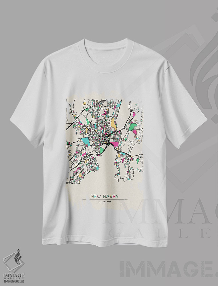 تیشرت طرح دار نقشهٔ نیوهِیون، کنتیکت، هنر دیجیتال اثر آیشه دنیز آکِرمان | فروشگاه ایماژ